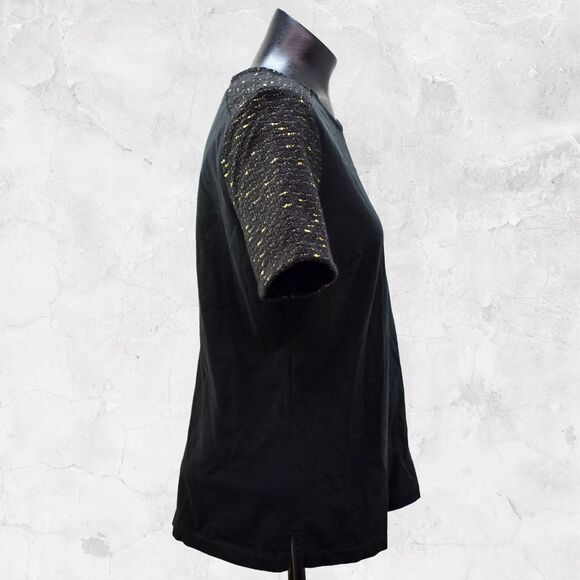 J Crew Black Knit Top Gold Metallic Trim Short Sleeves Back Zip - Women's Size S - Picture 3 of 7